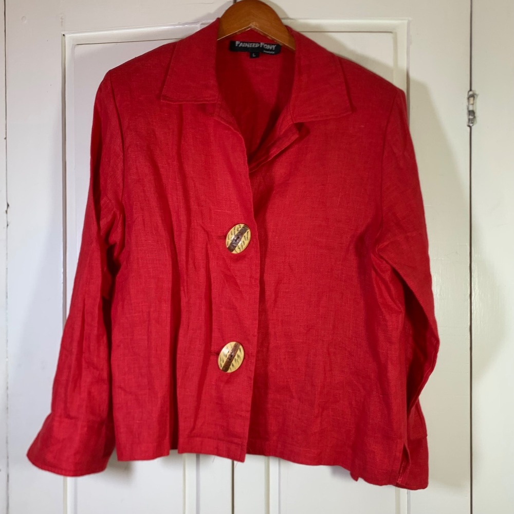 Painted Pony Red 100% Linen Shirt Jacket Blazer Made in USA Large Lagenlook READ
